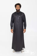 Qamis qatari satiné Khalid noir pour homme, manches longues avec col