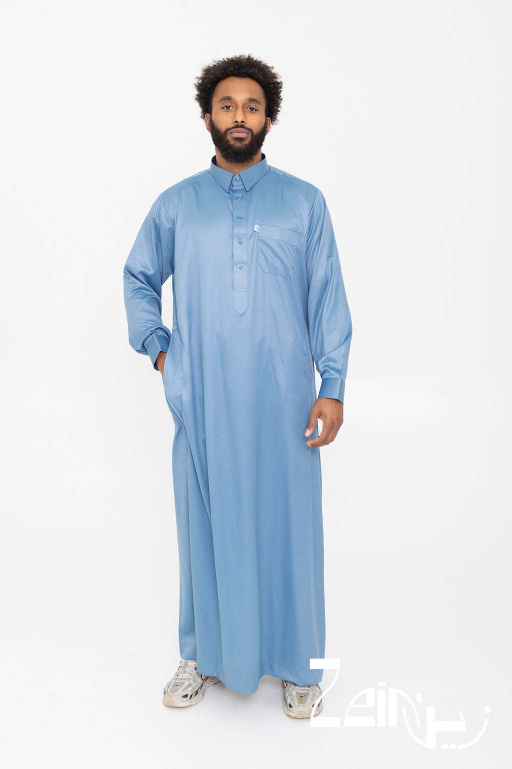 Qamis qatari satiné Khalid bleu pour homme, manches longues avec col