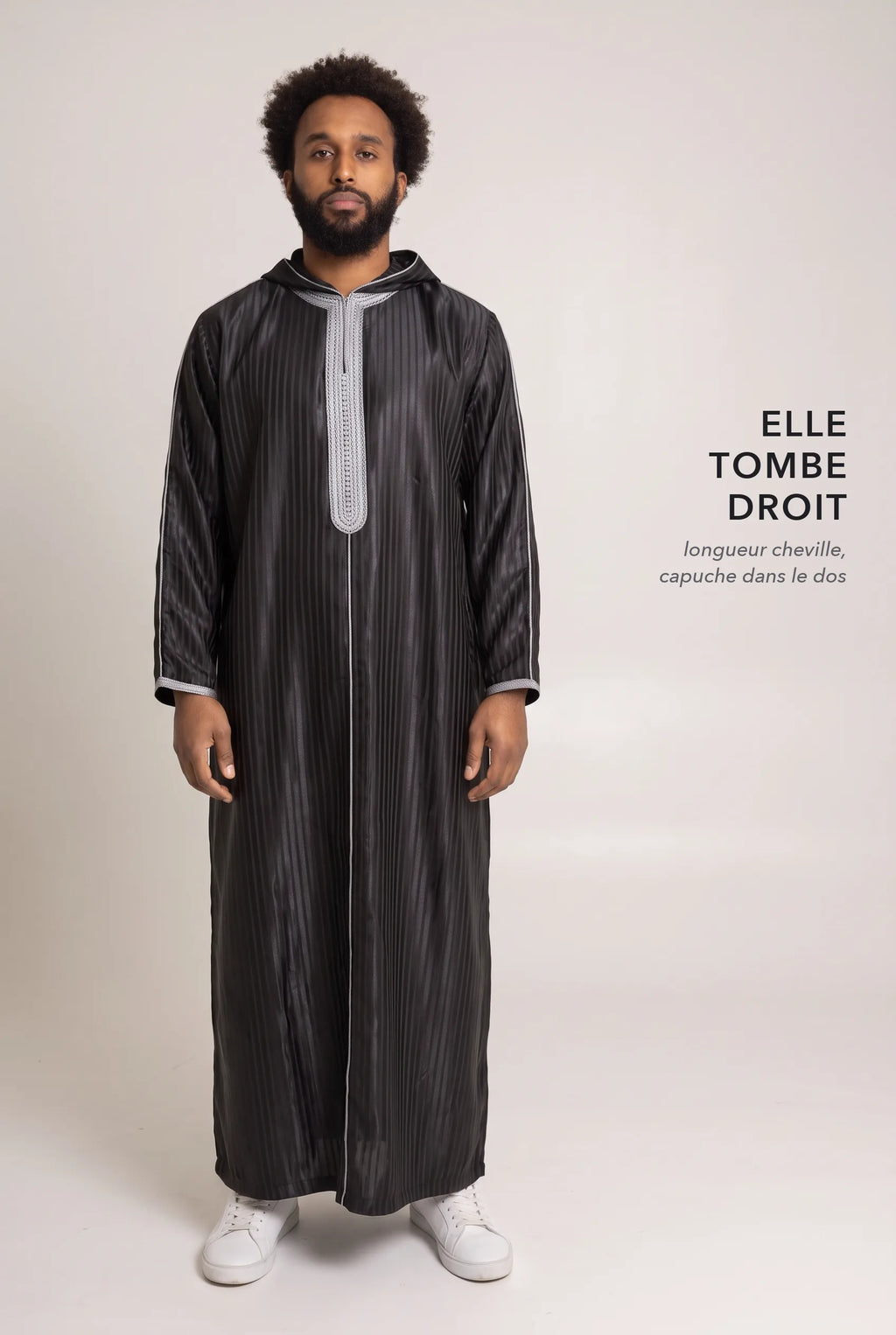 Coupe droite et longueur cheville de la djellaba à capuche Fares noire