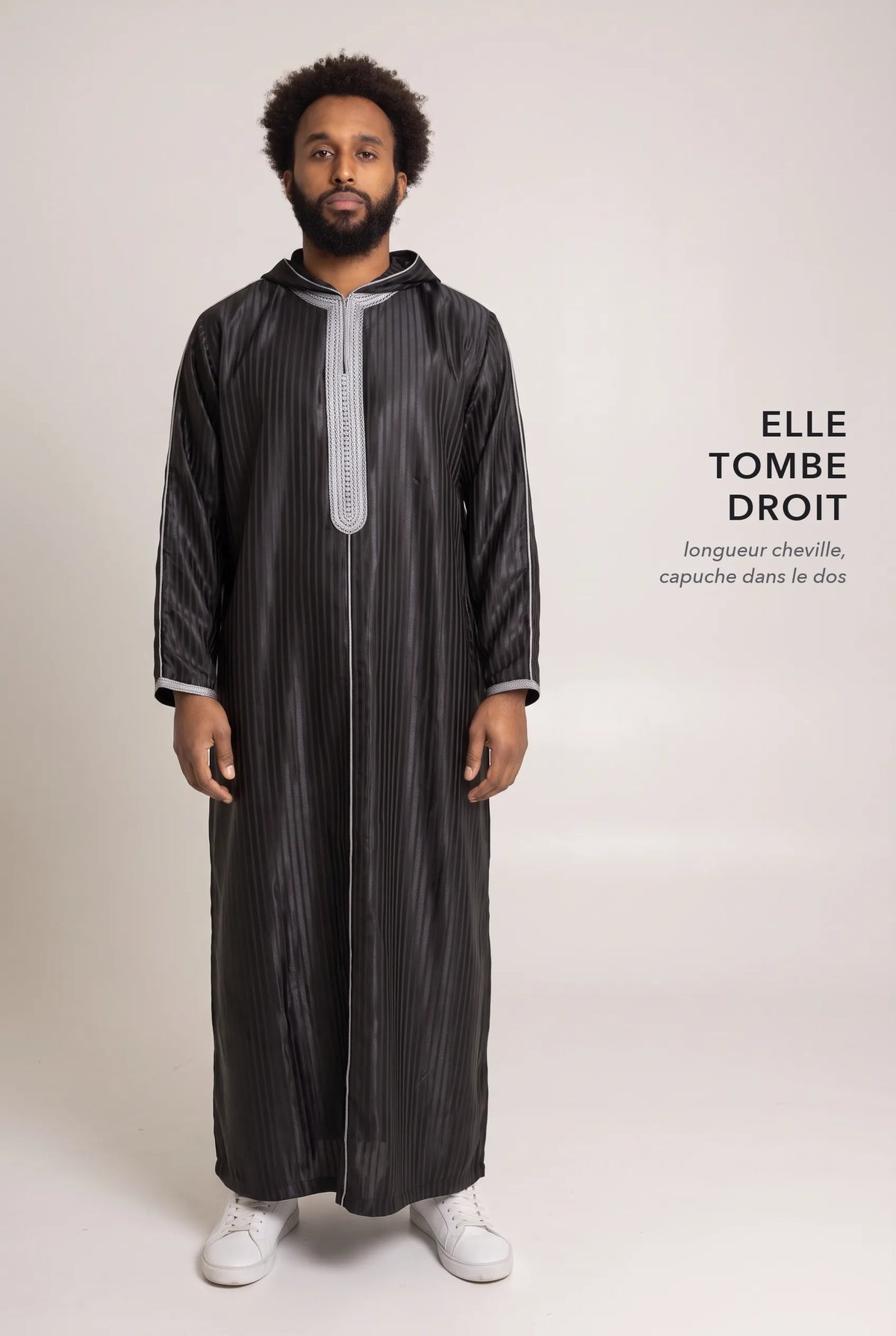 Coupe droite et longueur cheville de la djellaba à capuche Fares noire