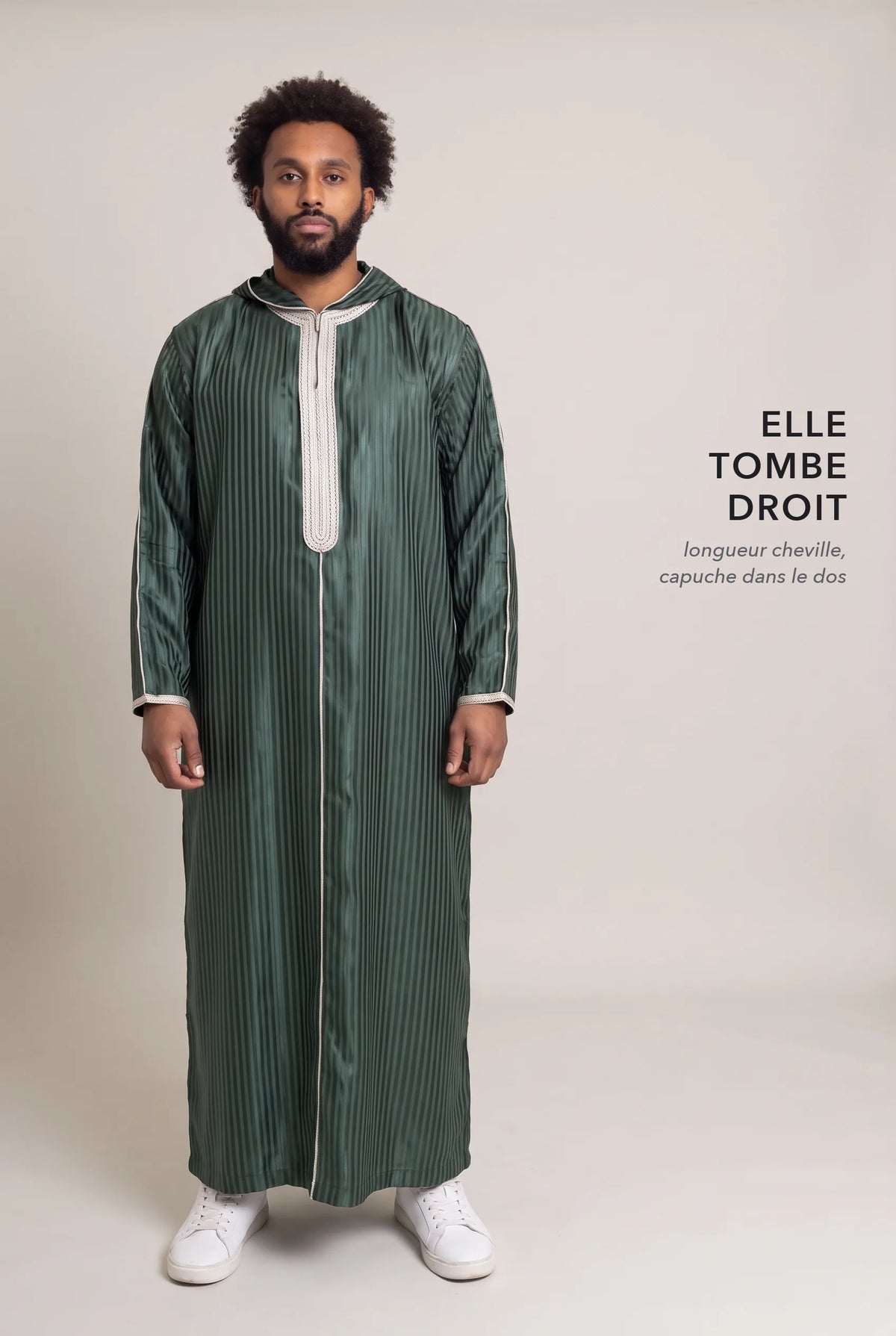 Coupe droite et longueur cheville de la djellaba à capuche Fares verte