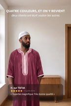 Gandoura marocaine rouge bordeaux Jad portée en intérieur, avec un avis client