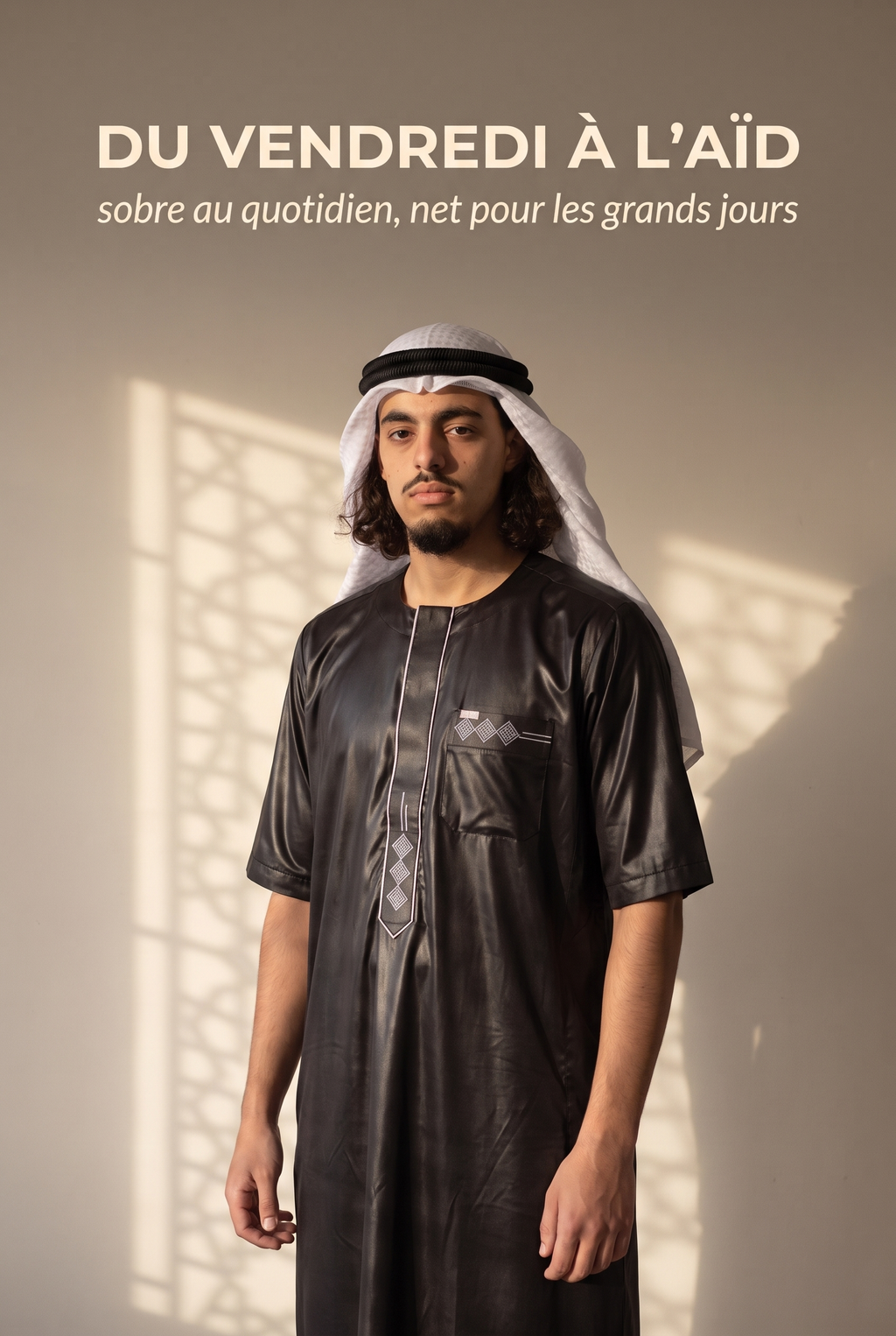 Qamis Anas noir avec keffieh, du vendredi à l'Aïd