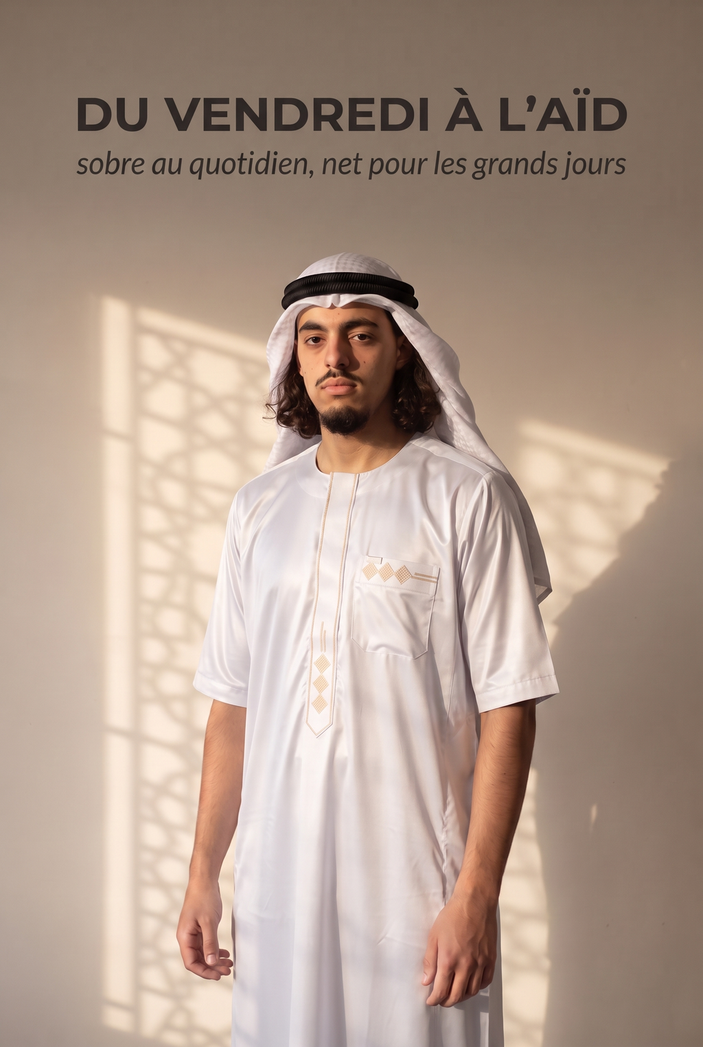 Qamis Anas blanc avec keffieh, du vendredi à l'Aïd