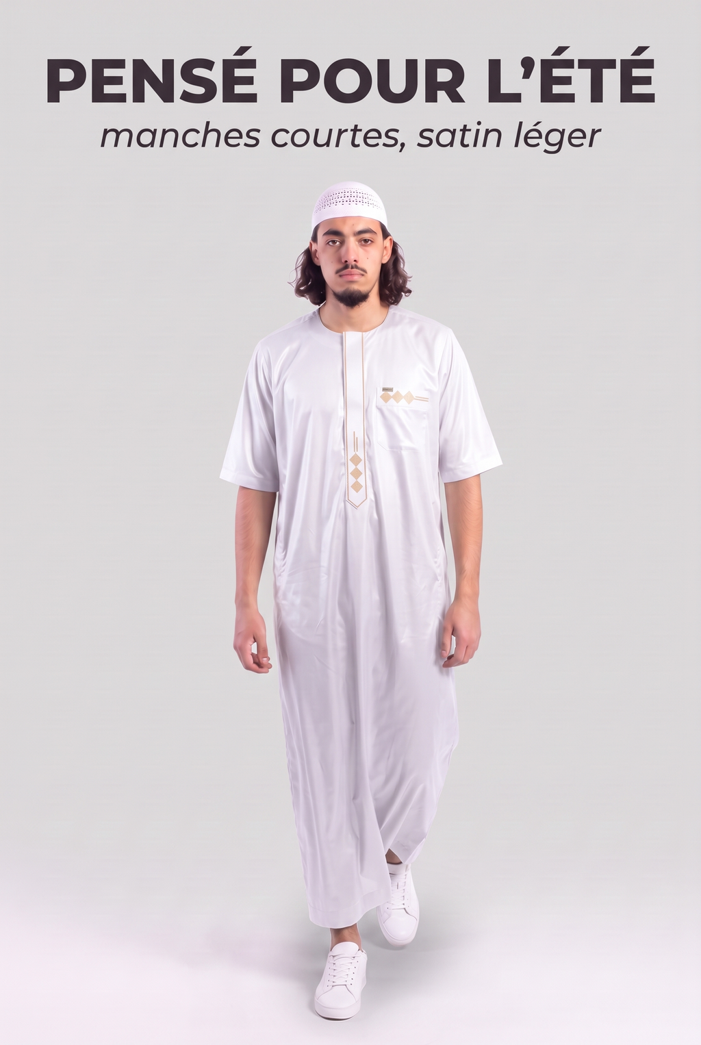 Qamis Anas blanc en mouvement, le satin léger de l'été