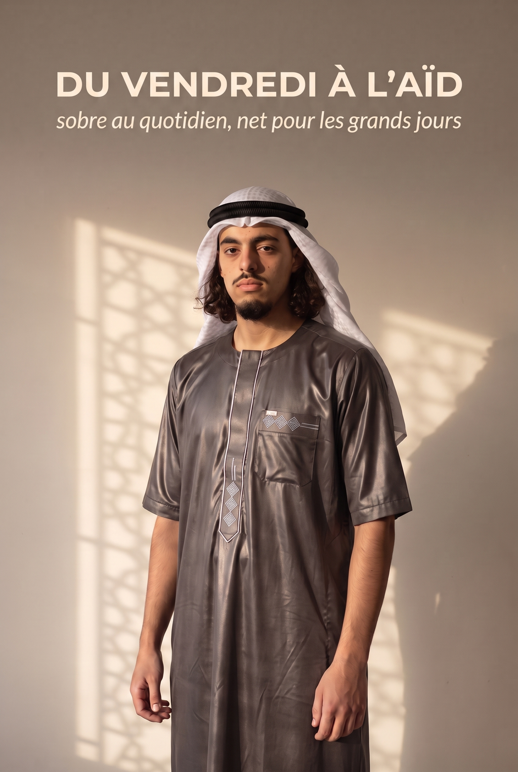 Qamis Anas gris avec keffieh, du vendredi à l'Aïd