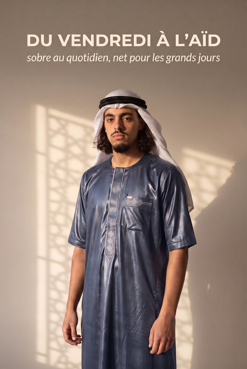 Qamis Anas bleu marine avec keffieh, du vendredi à l'Aïd