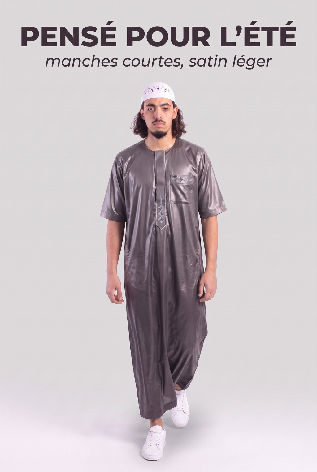 Qamis Anas gris en mouvement, le satin léger de l'été