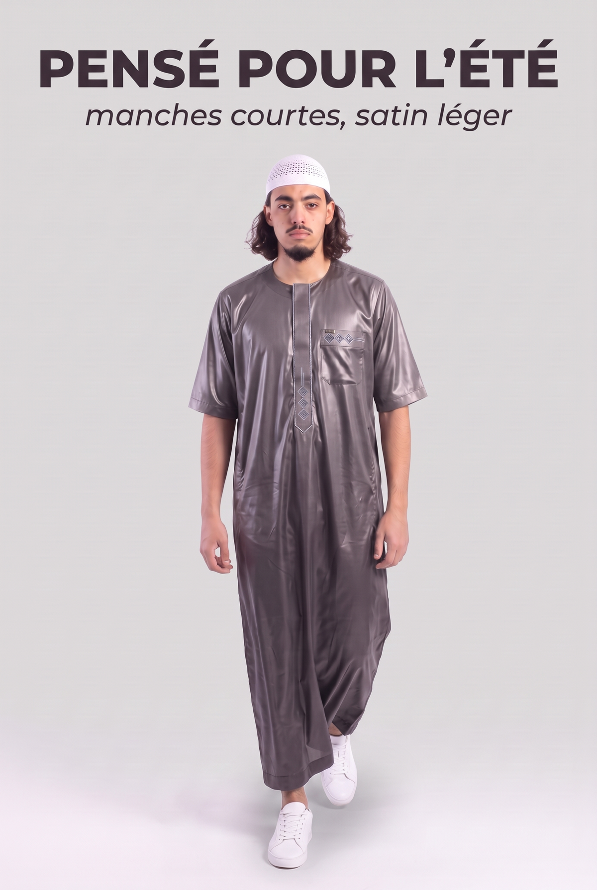 Qamis Anas gris en mouvement, le satin léger de l'été