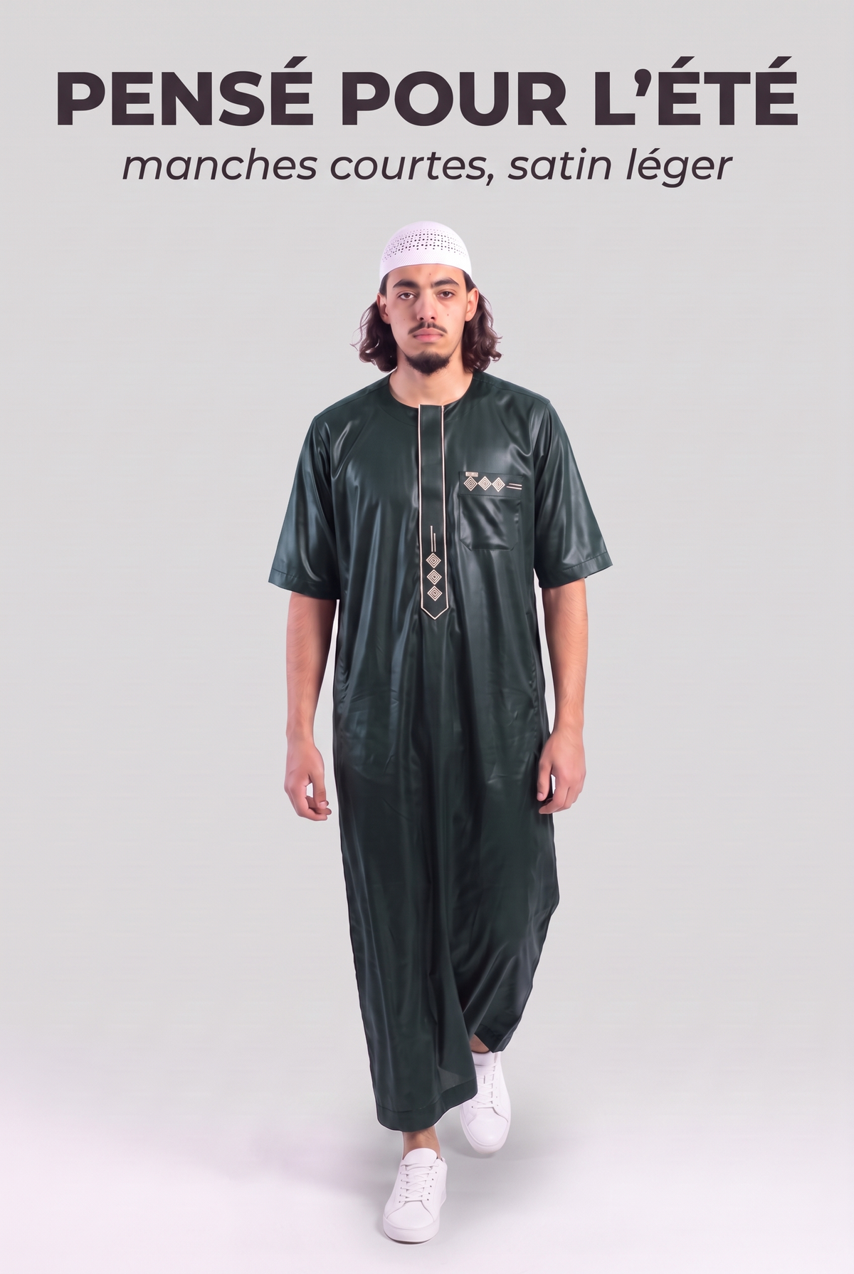 Qamis Anas vert en mouvement, le satin léger de l'été