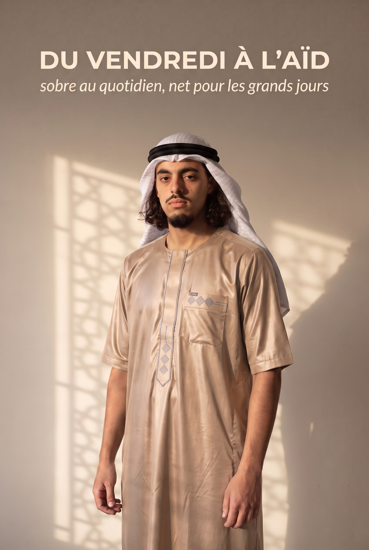 Qamis Anas beige avec keffieh, du vendredi à l'Aïd