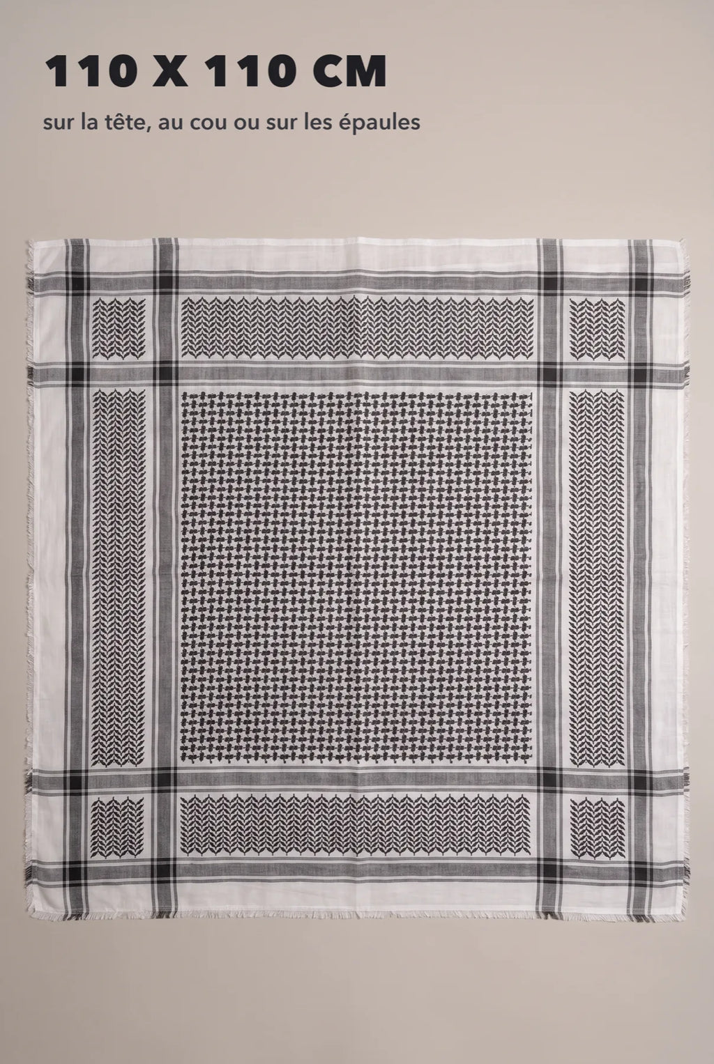 Keffieh classique noir et blanc à plat, environ 110 x 110 cm