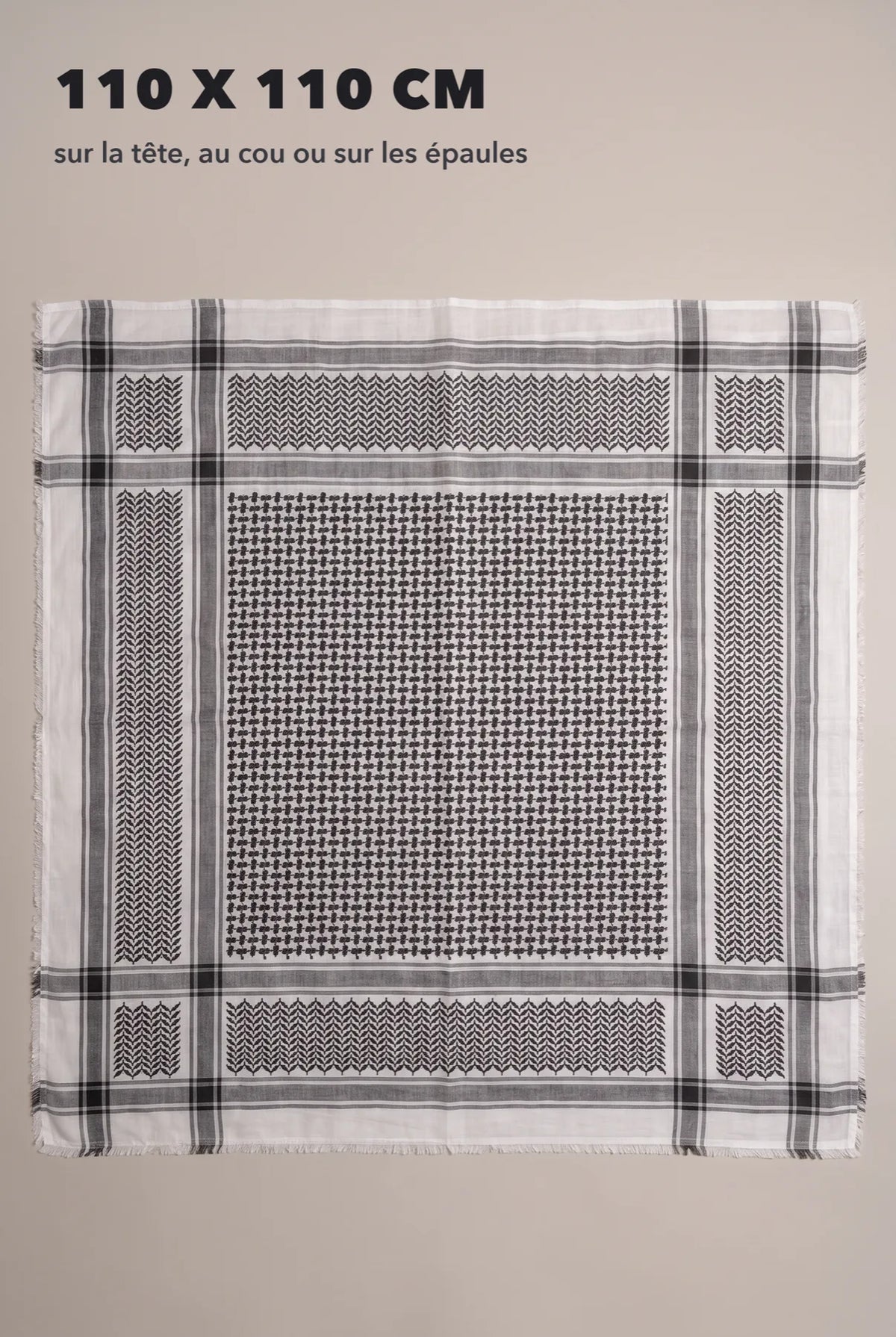 Keffieh classique noir et blanc à plat, environ 110 x 110 cm