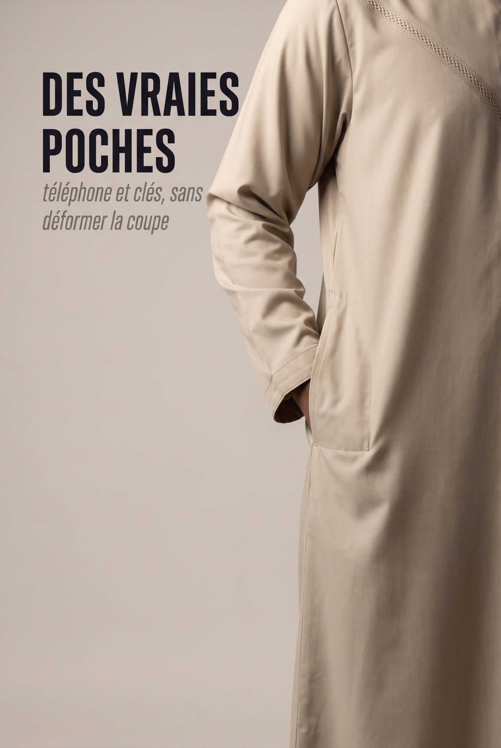Poche latérale dissimulée dans la couture du qamis émirati beige Imran