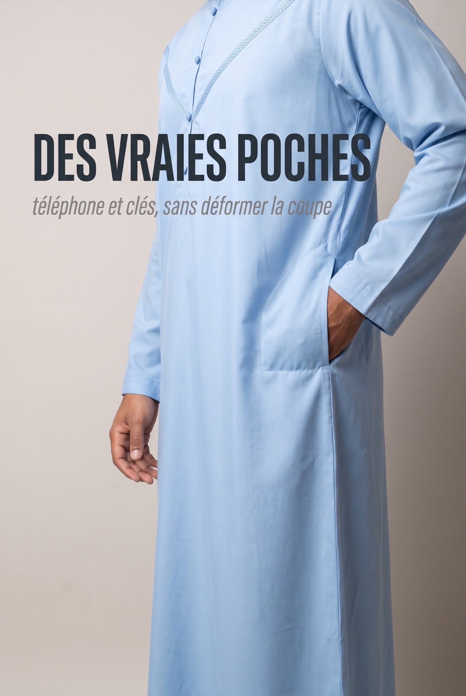 Poche latérale dissimulée dans la couture du qamis émirati bleu ciel Imran