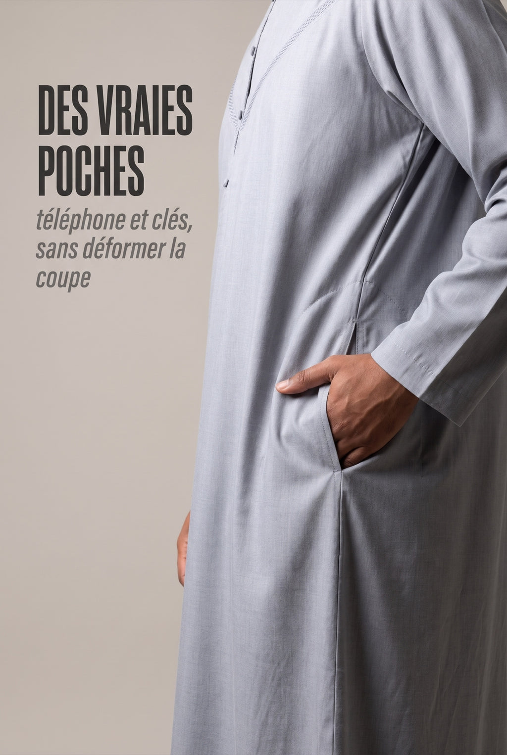 Poche latérale dissimulée dans la couture du qamis émirati gris perle Imran