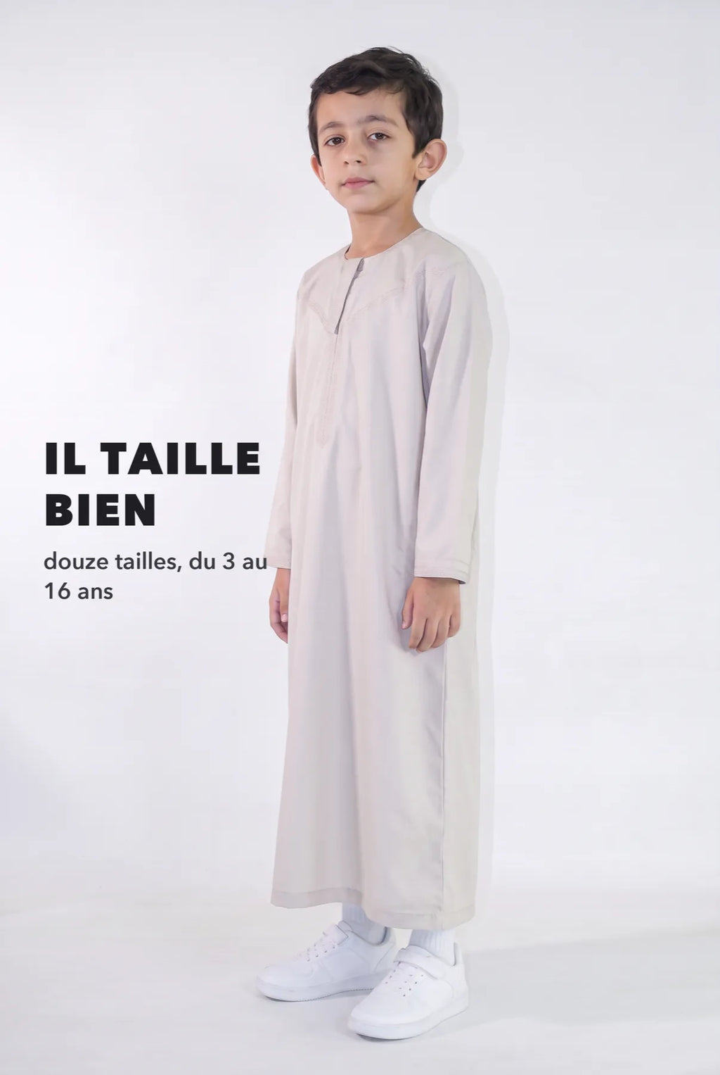 Repère de taille, qamis enfant Zaid beige du 3 au 16 ans