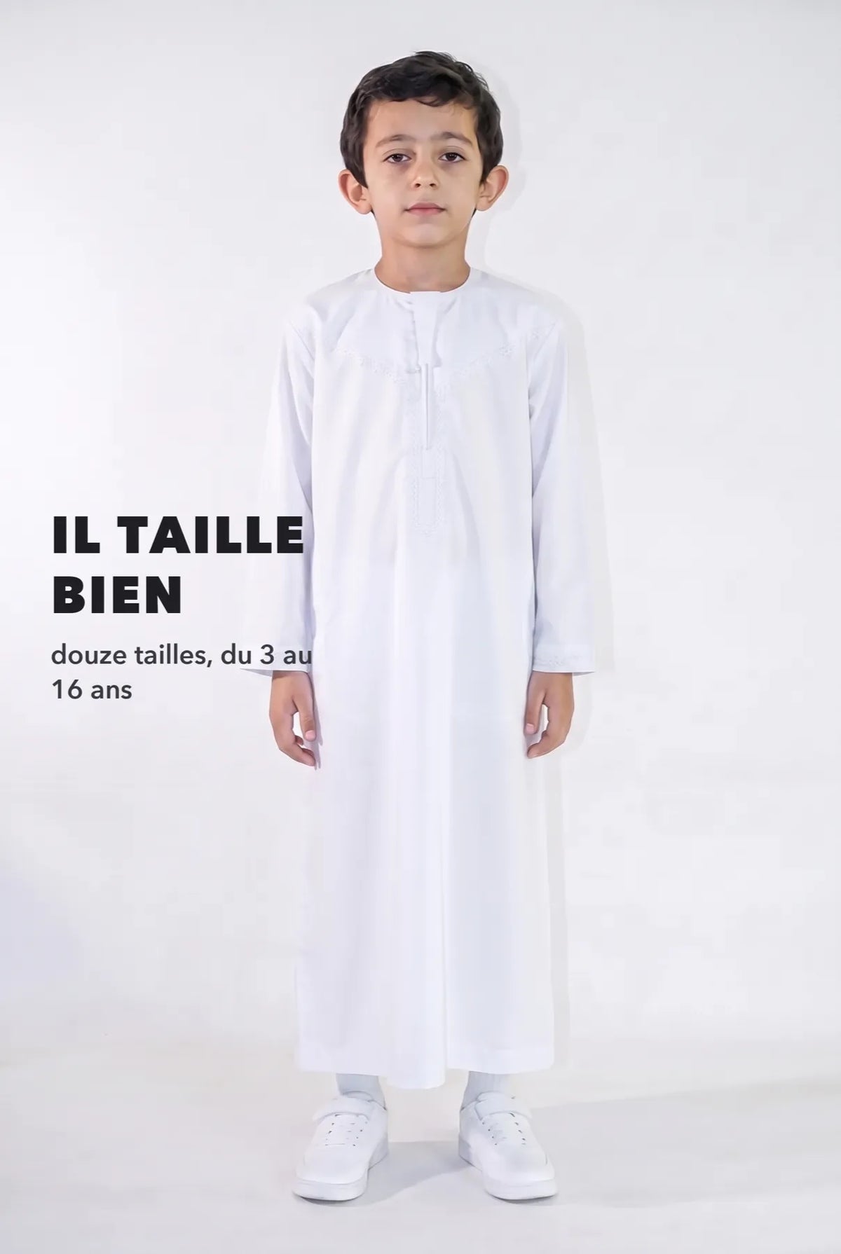 Repère de taille, qamis enfant Zaid blanc du 3 au 16 ans