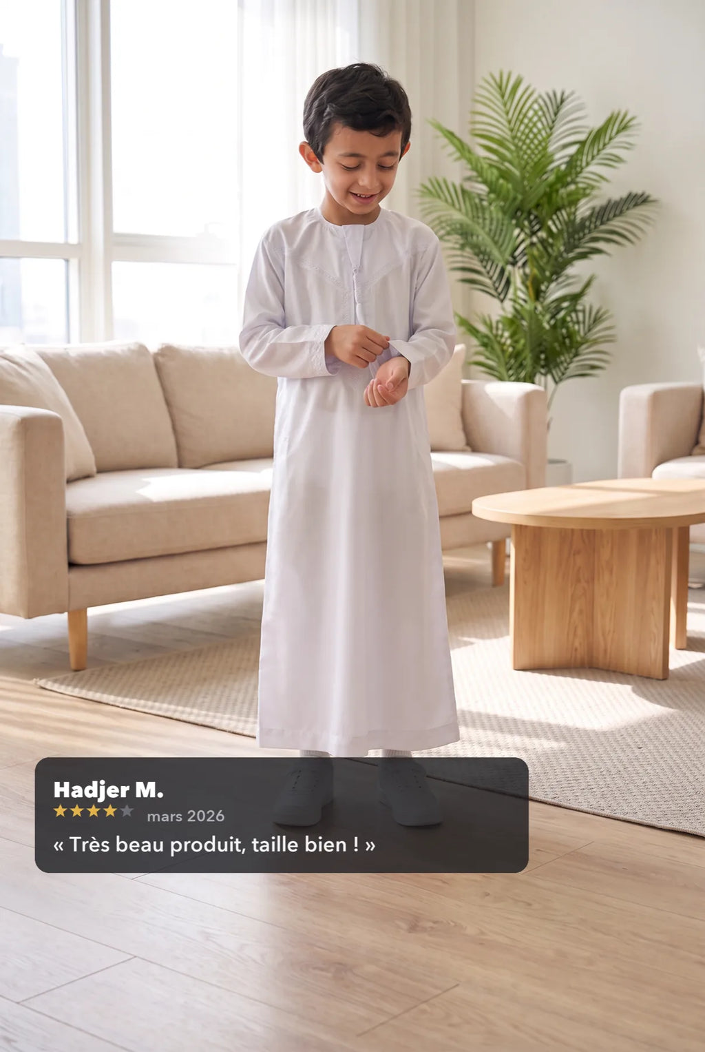 Qamis enfant Zaid blanc porté, avec un avis client