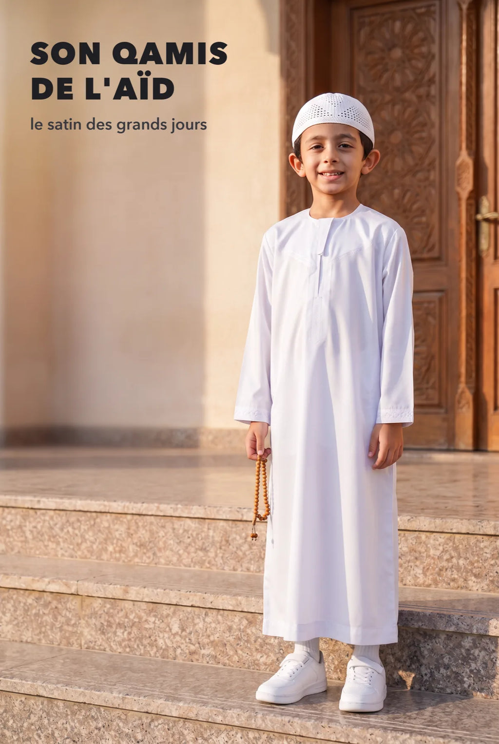 Qamis enfant Zaid blanc, le satin des grands jours de l'Aïd