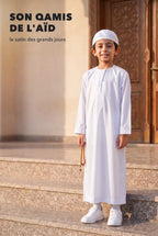 Qamis enfant Zaid blanc, le satin des grands jours de l'Aïd