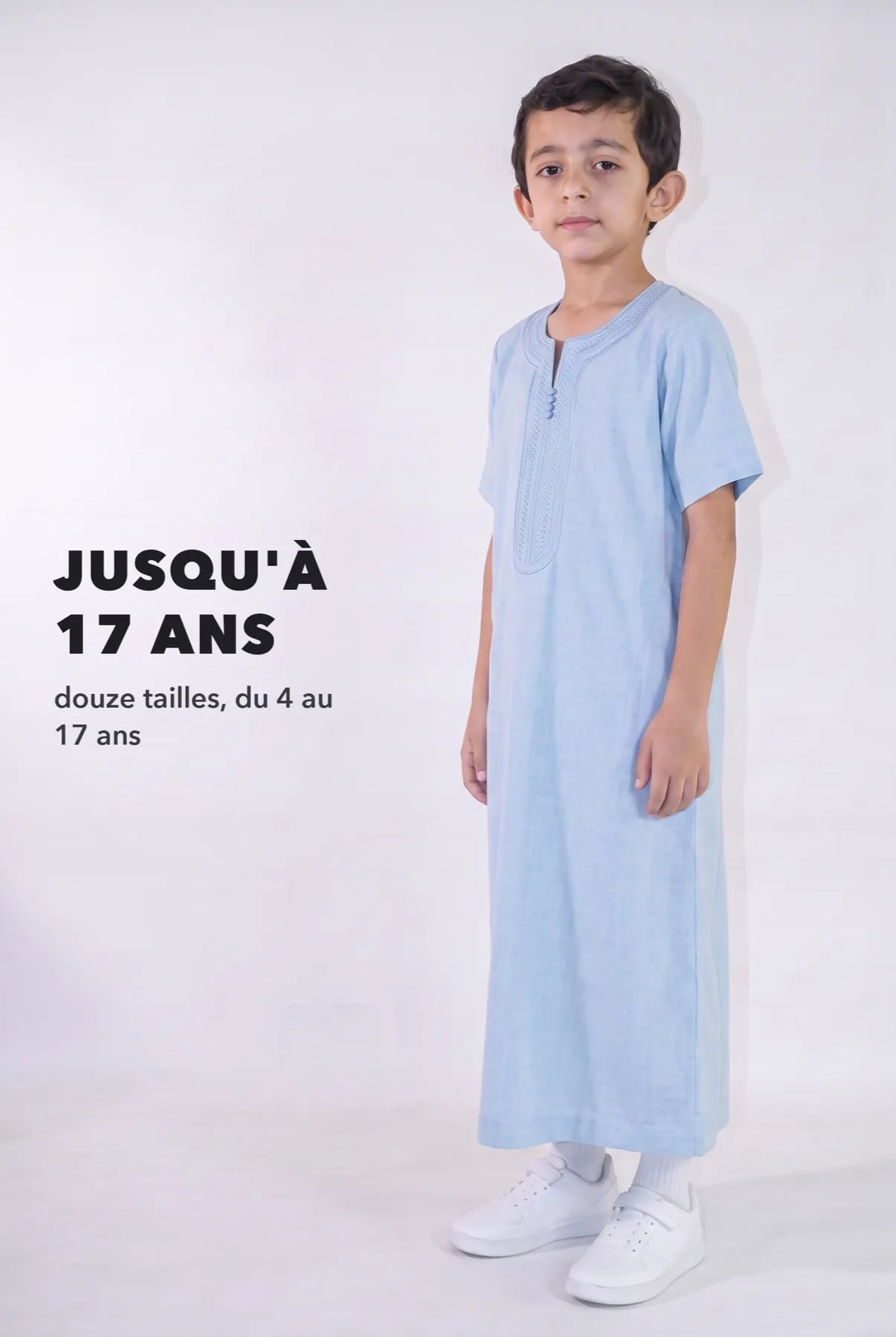 Repère de taille, qamis enfant Anas bleu du 4 au 17 ans