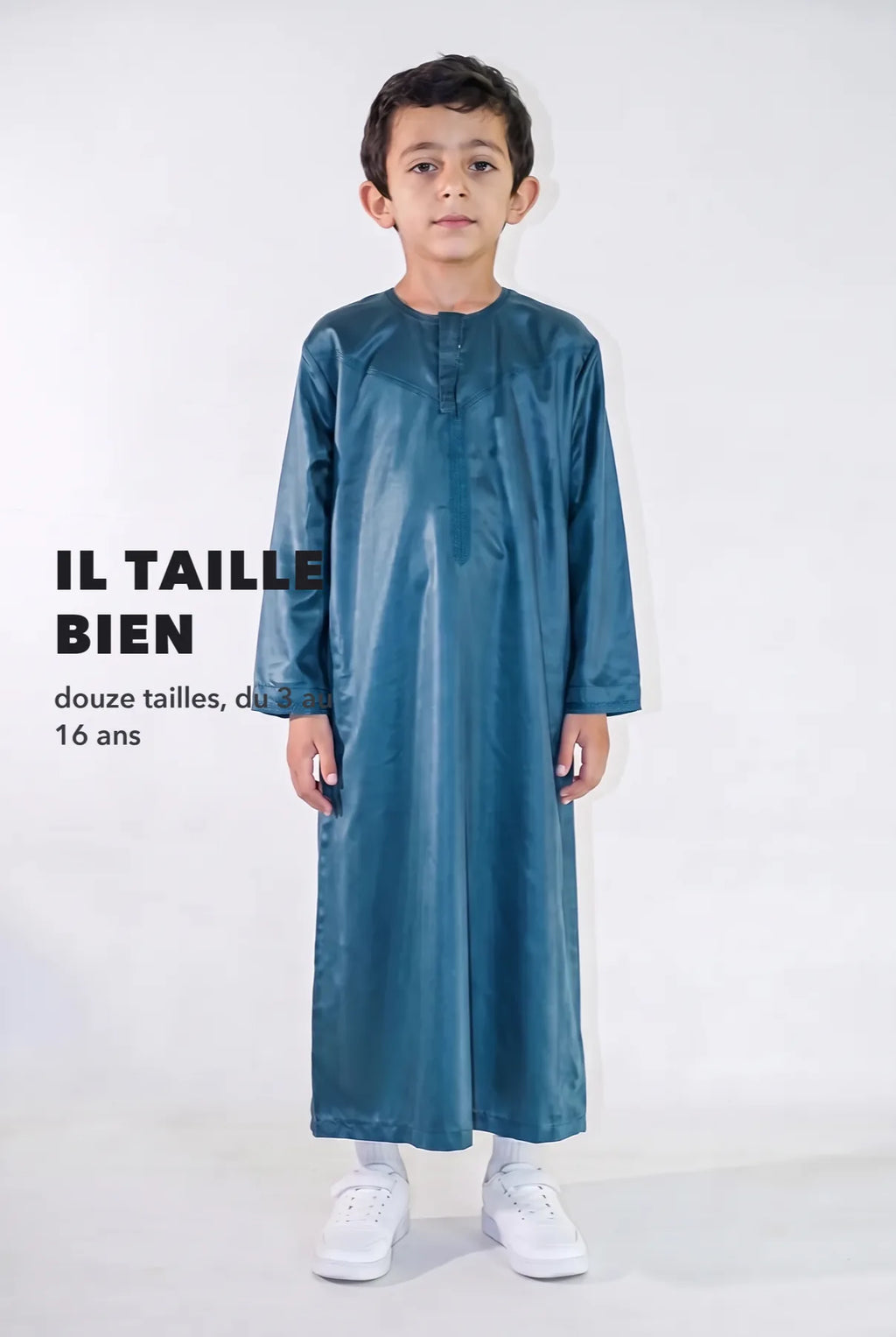 Repère de taille, qamis enfant Zaid bleu canard du 3 au 16 ans