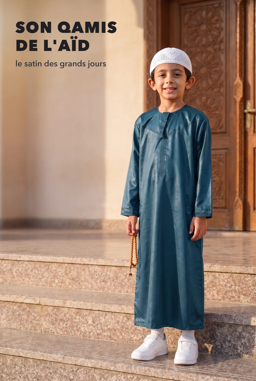 Qamis enfant Zaid bleu canard, le satin des grands jours de l'Aïd