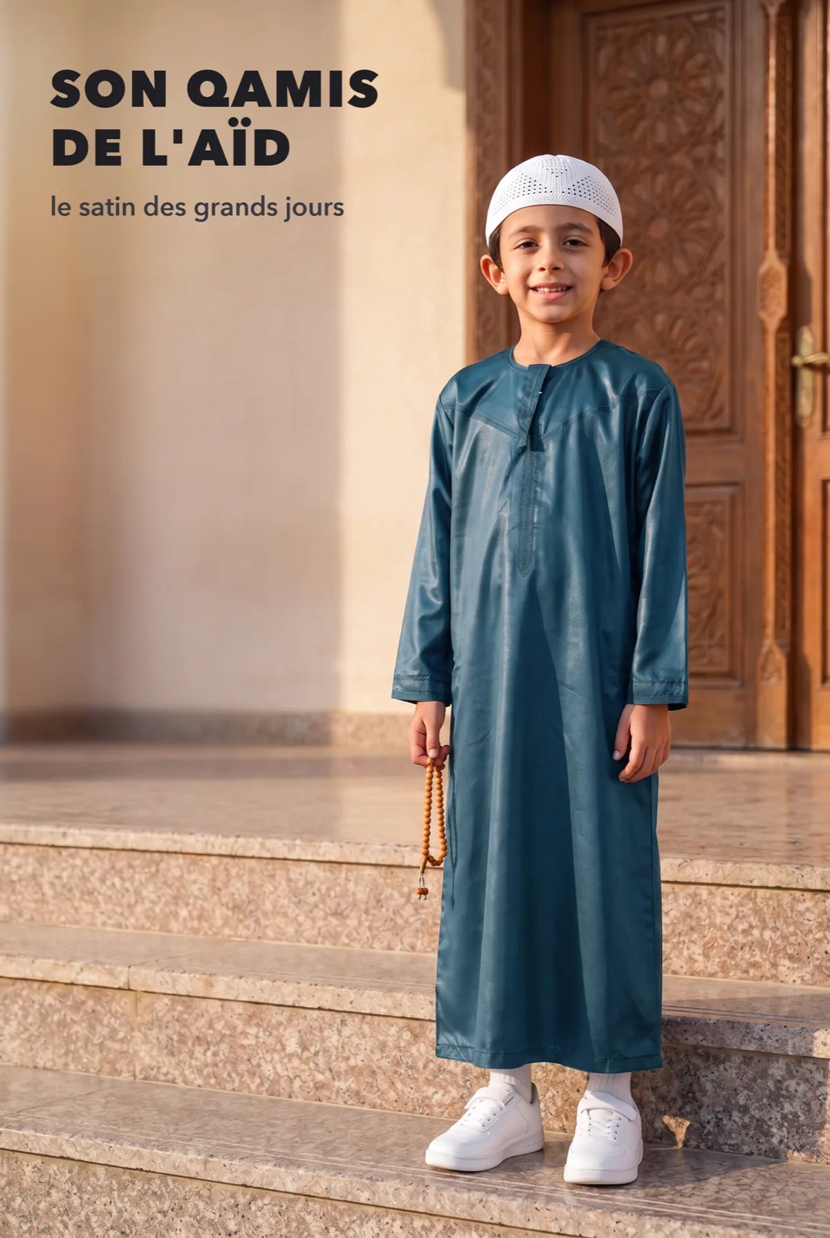 Qamis enfant Zaid bleu canard, le satin des grands jours de l'Aïd