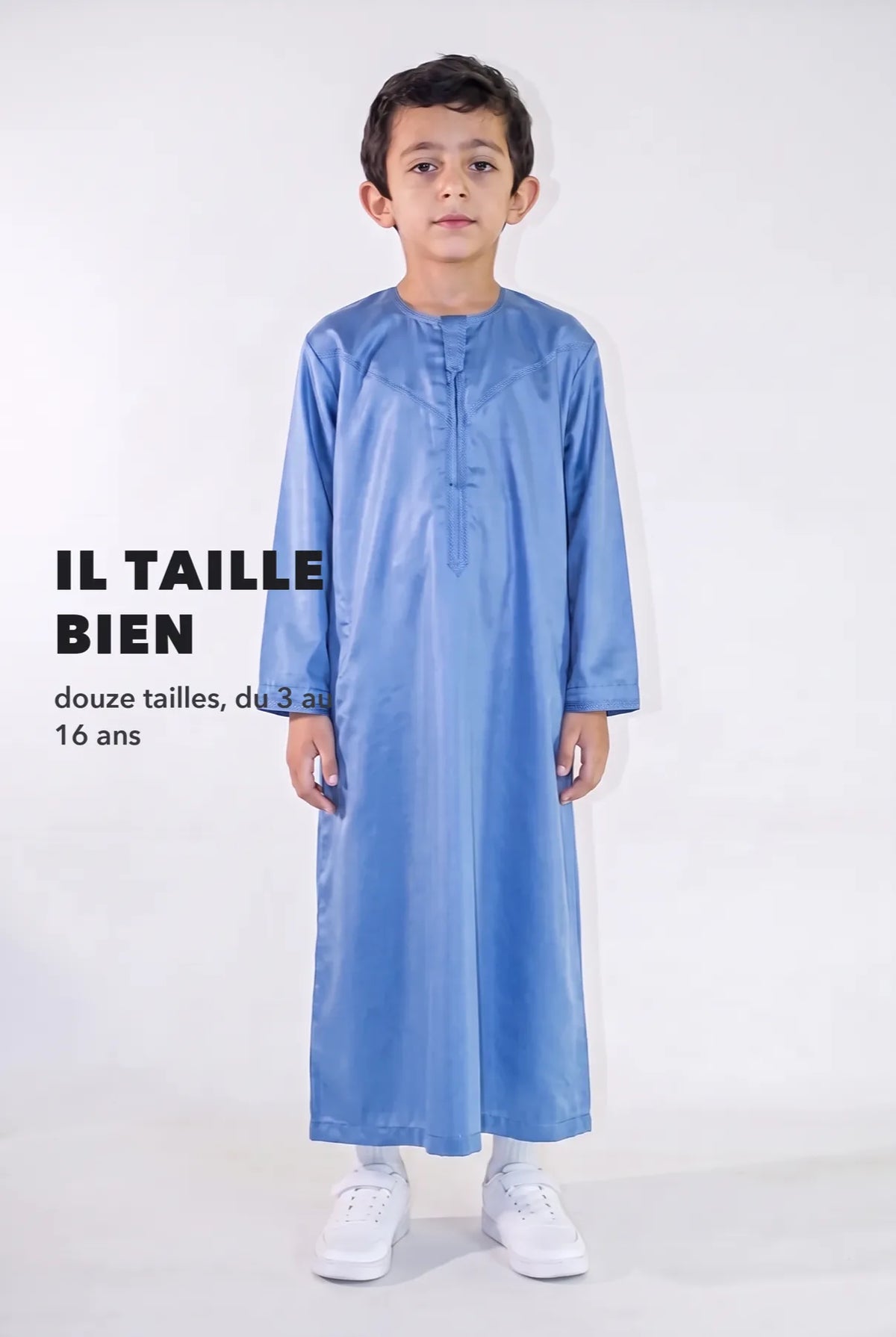 Repère de taille, qamis enfant Zaid bleu du 3 au 16 ans