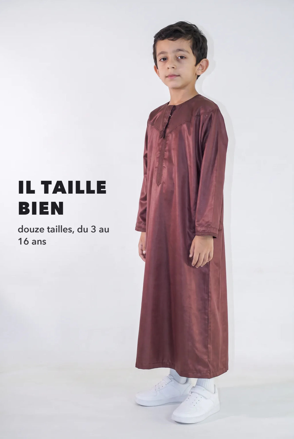 Repère de taille, qamis enfant Zaid bordeaux du 3 au 16 ans