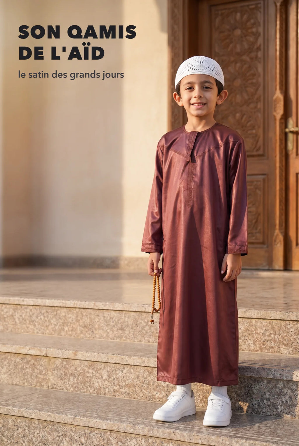 Qamis enfant Zaid bordeaux, le satin des grands jours de l'Aïd