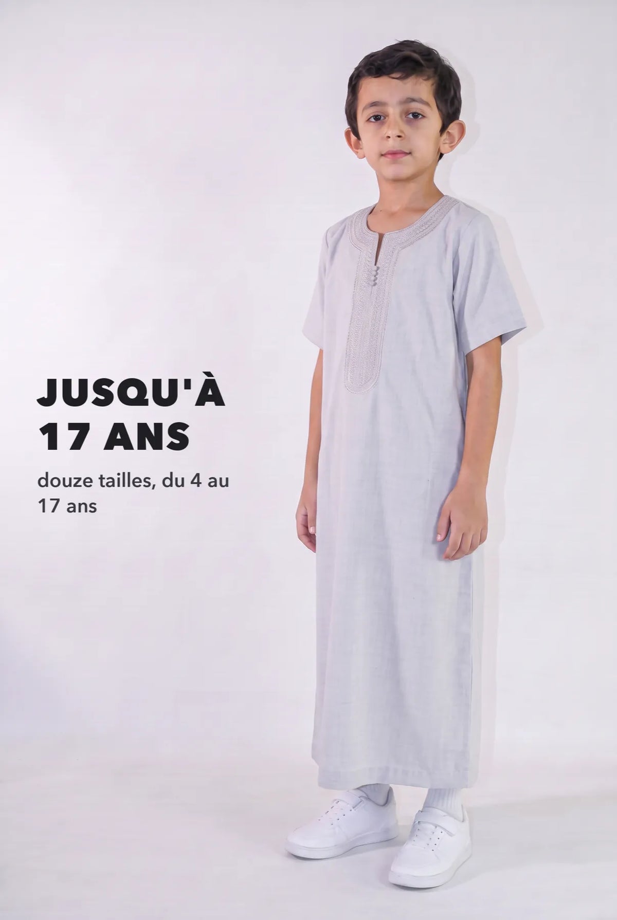 Repère de taille, qamis enfant Anas gris du 4 au 17 ans
