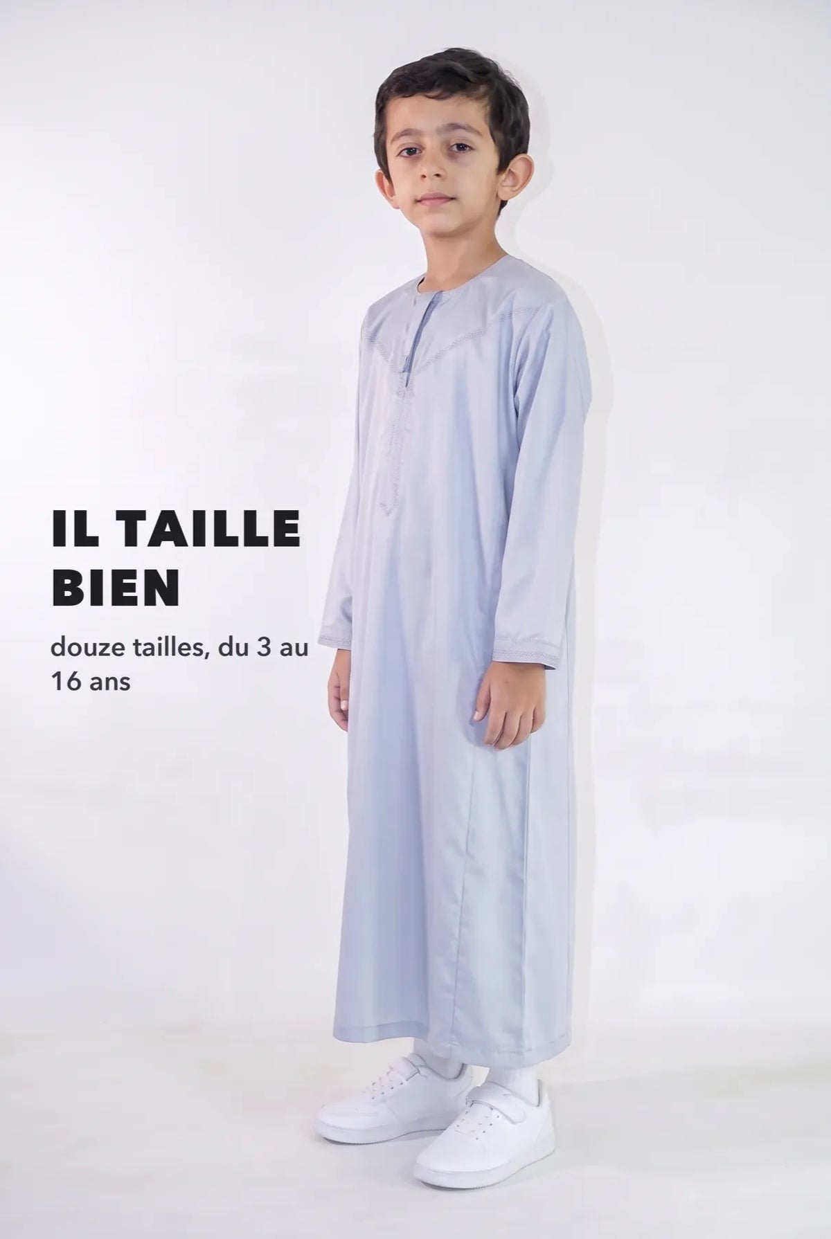 Repère de taille, qamis enfant Zaid gris du 3 au 16 ans
