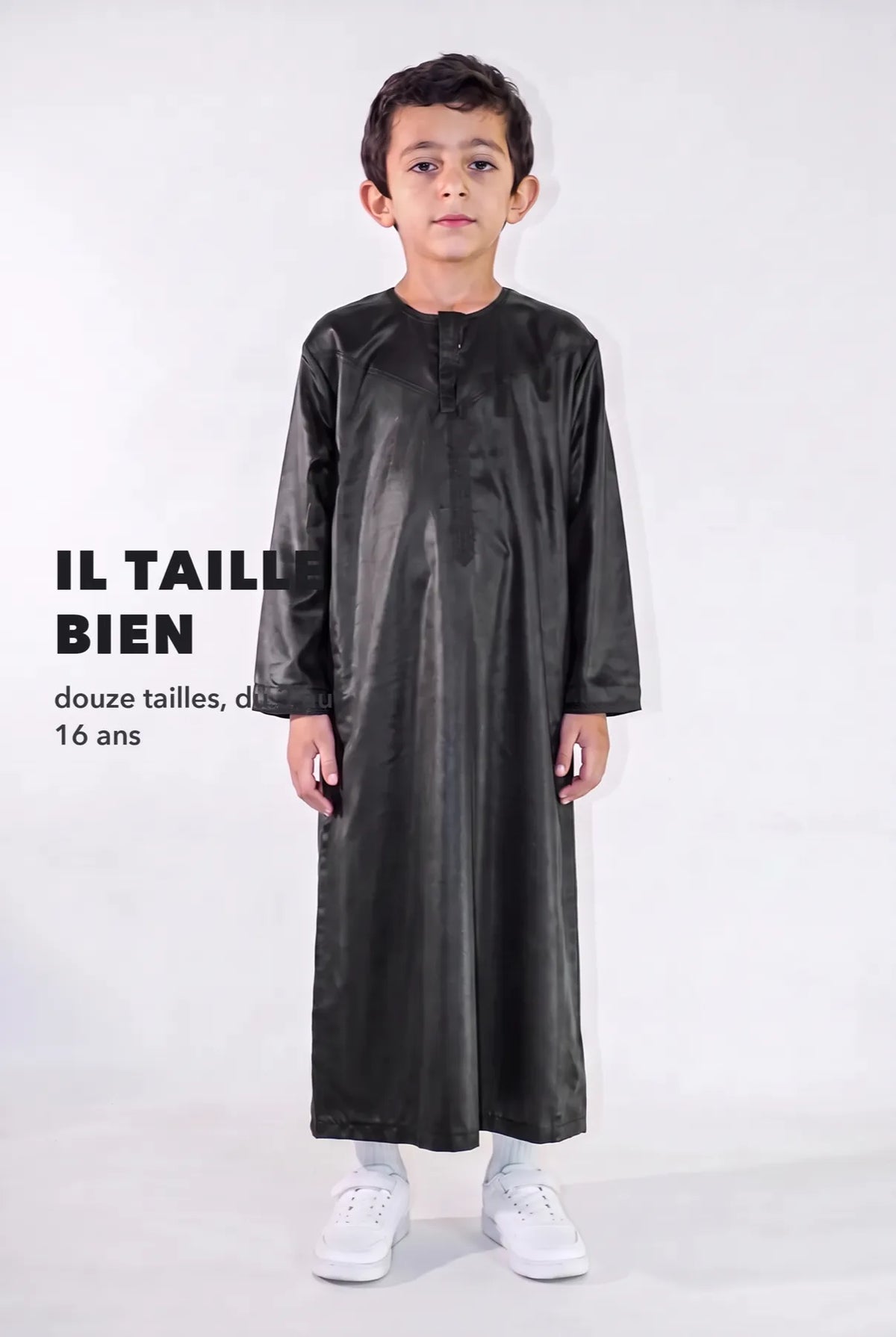 Repère de taille, qamis enfant Zaid noir du 3 au 16 ans