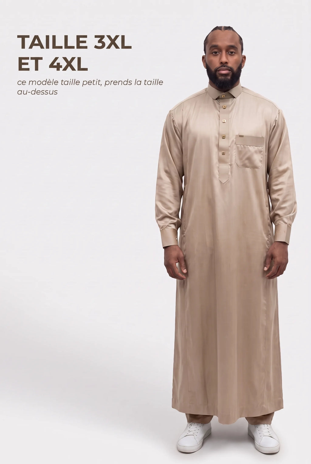 Qamis Grande Taille Adam beige, disponible en 3XL et 4XL, ce modèle taille petit