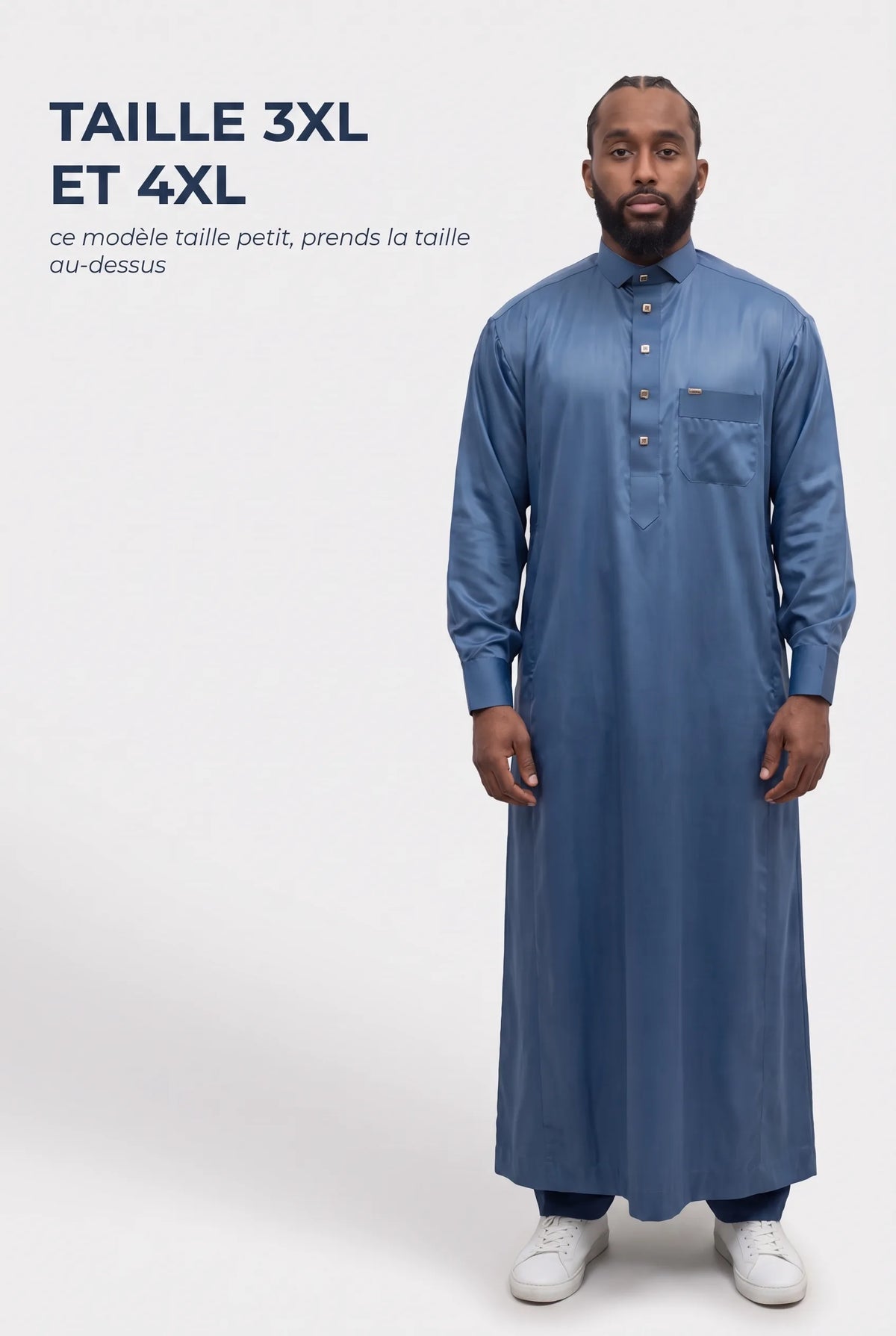 Qamis Grande Taille Adam bleu marine, disponible en 3XL et 4XL, ce modèle taille petit