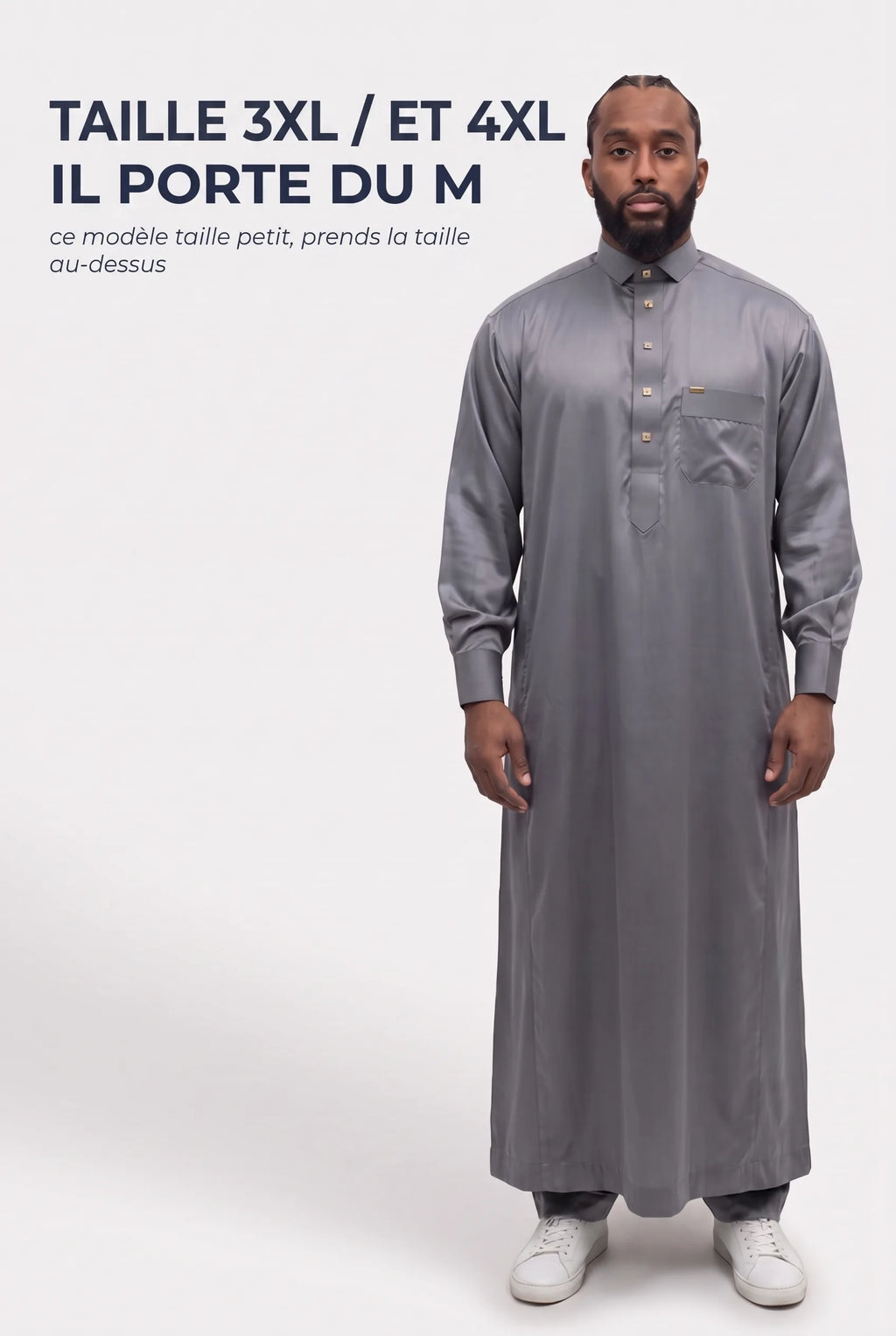 Qamis Grande Taille Adam gris, disponible en 3XL et 4XL, ce modèle taille petit