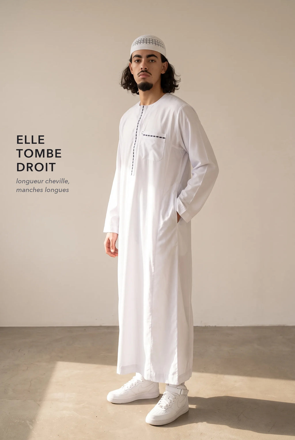 Coupe droite longueur cheville du qamis Harun blanc