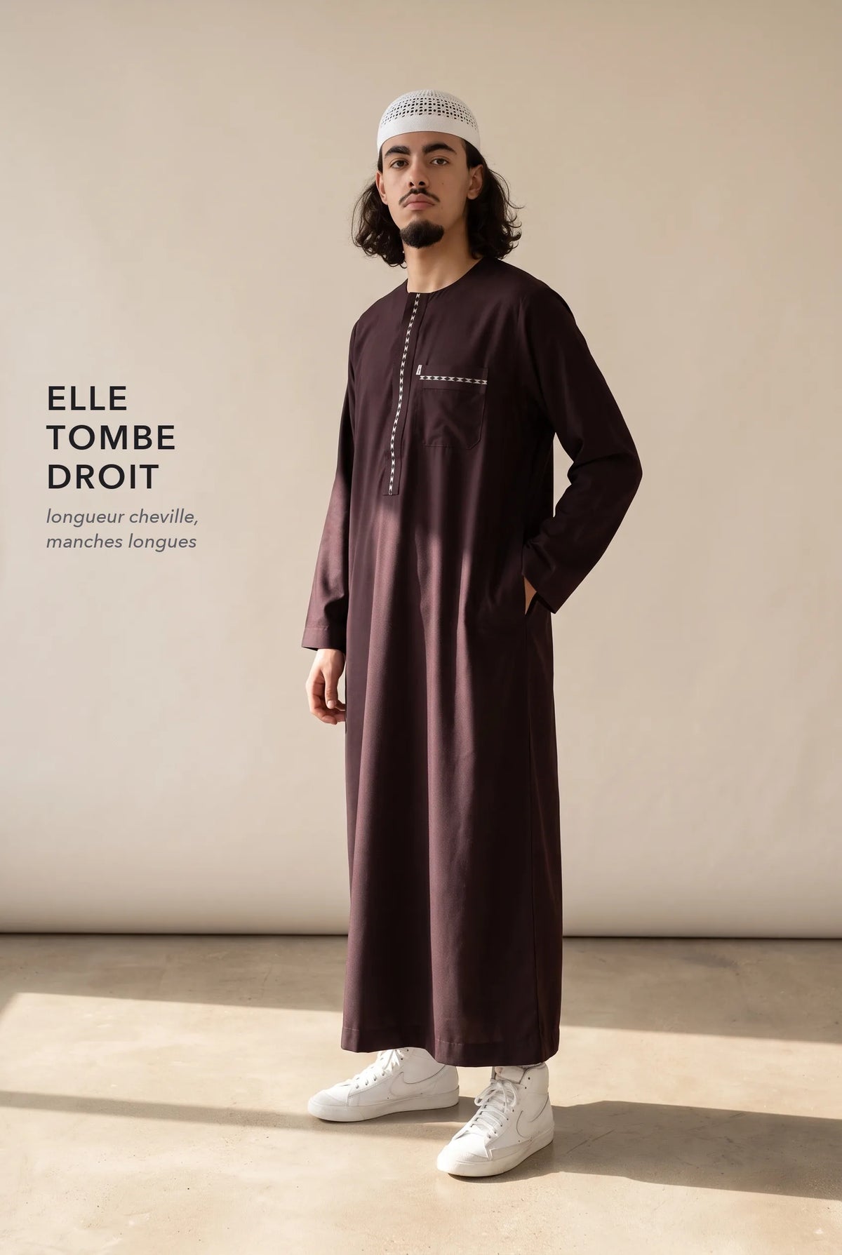 Coupe droite longueur cheville du qamis Harun bordeaux