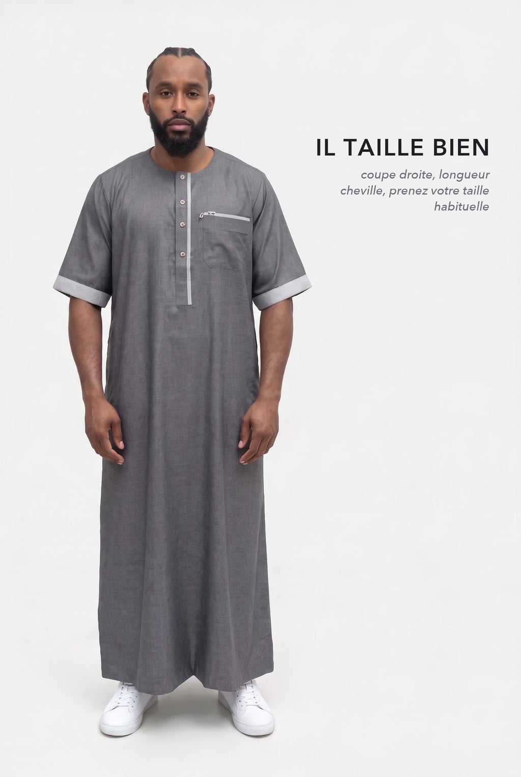Qamis Issa gris foncé en pied, coupe droite longueur cheville, il taille bien