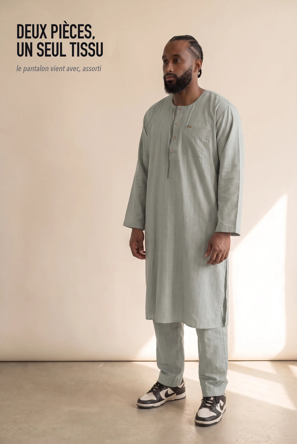 Ensemble deux pièces Zakariya gris sauge, tunique et pantalon assortis