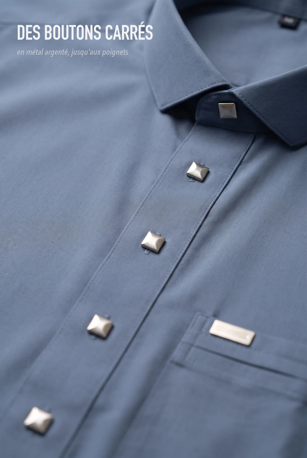 Boutons carrés en métal argenté du qamis Ahmed bleu jean