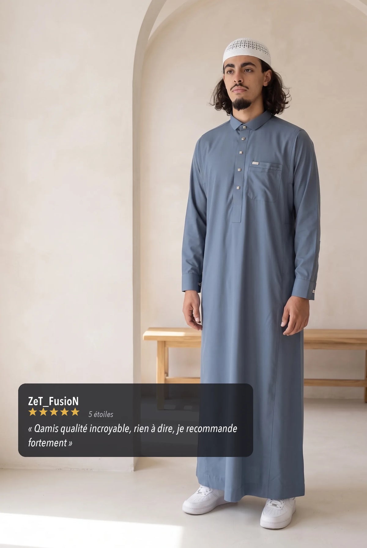 Qamis Ahmed bleu jean porté en situation, avis client
