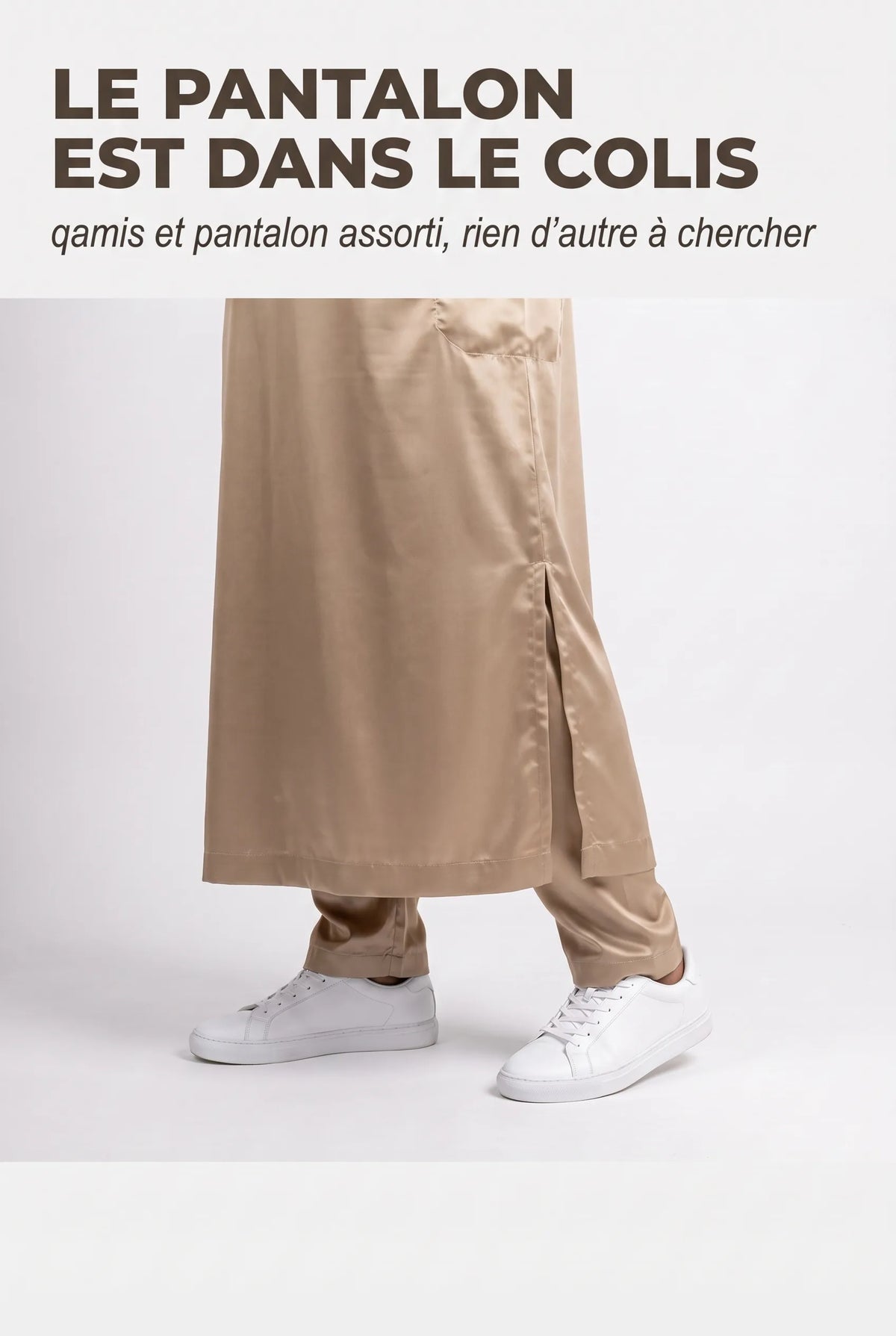 Bas du qamis Adam beige et son pantalon assorti, fente latérale