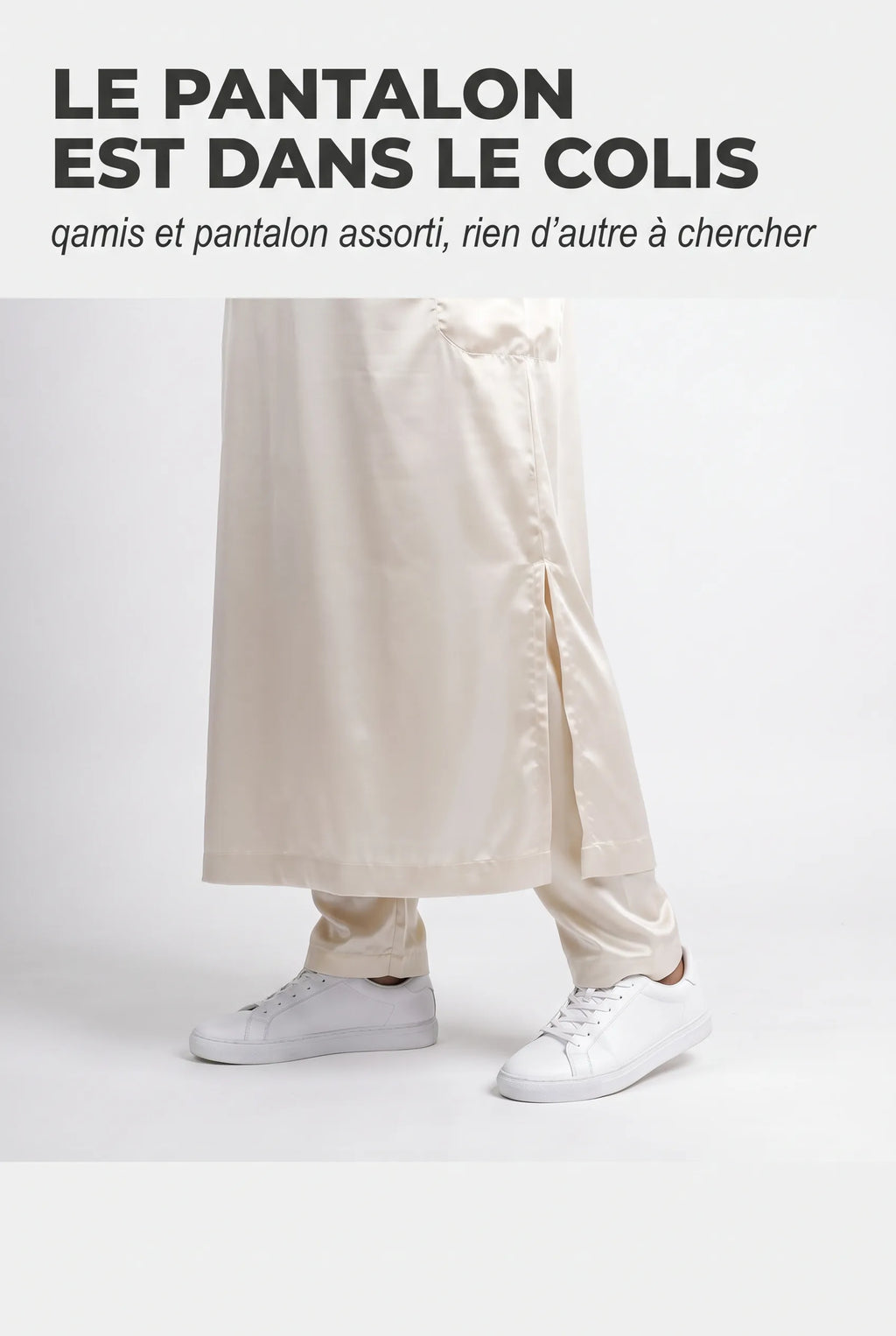 Bas du qamis Adam blanc cassé et son pantalon assorti, fente latérale