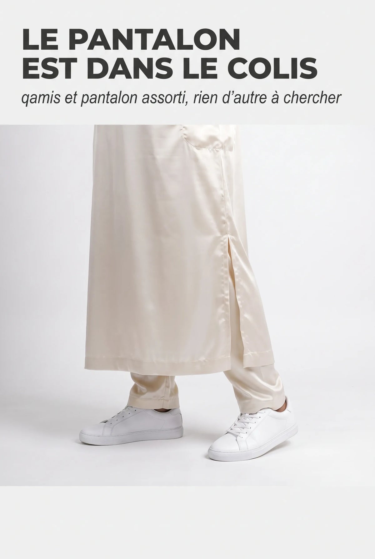 Bas du qamis Adam blanc cassé et son pantalon assorti, fente latérale