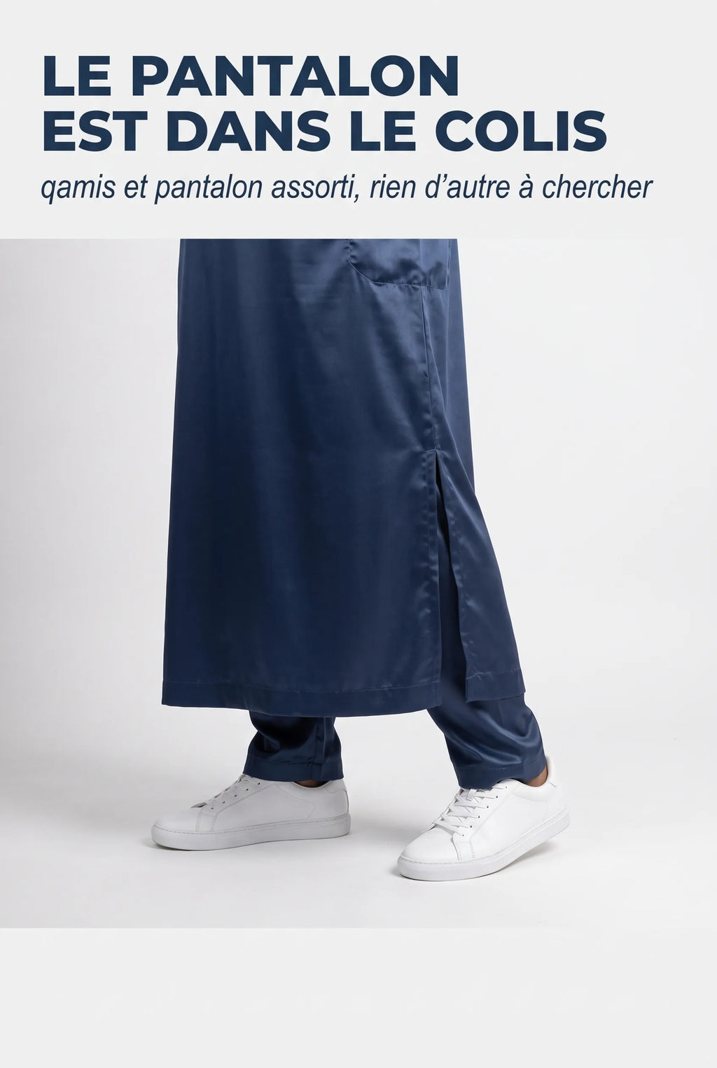 Bas du qamis Adam bleu marine et son pantalon assorti, fente latérale