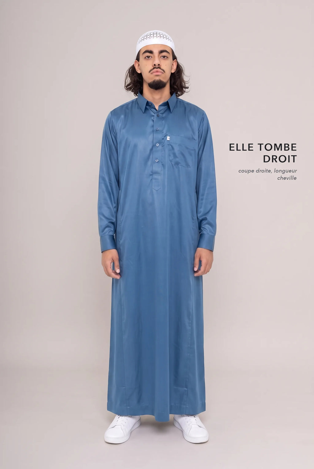 Coupe droite et longueur cheville du qamis qatari satiné bleu marine Khalid