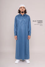 Coupe droite et longueur cheville du qamis qatari satiné bleu marine Khalid